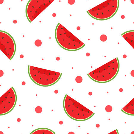 Seamless vector pattern Bright red watermelon on polka dot background Hand drawn in cartoon style...