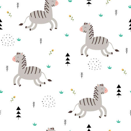 Seamless pattern Cartoon animal background with zebra and flowers Hand drawn design in childrens style Used for fabrics, textiles, wallpapers Vector illustrationのイラスト素材