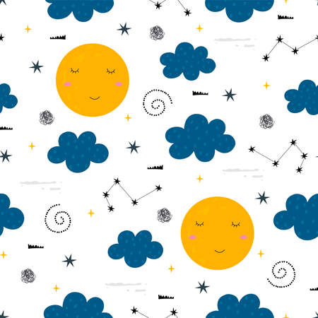 Seamless pattern vector Sky background with clouds and stars Hand drawn design in cartoon style Used for printings, wallpapers, fabrics, textilesのイラスト素材