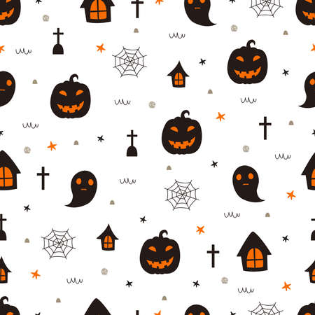 Seamless pattern Halloween background with pumpkins and ghosts Hand drawn design in cartoon style used for print, wallpapers, fabrics, textiles Vector illustrationのイラスト素材