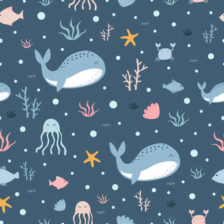 Seamless pattern The whale floats in the sea with squids and corals. Hand drawn cartoon animal background in children style Used for cloth, textile, fashion Vector illustrationのイラスト素材