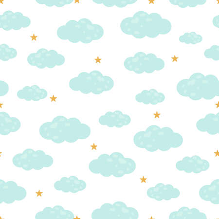 Blue clouds and stars seamless pattern Flat style hand drawn design Used for printing, gift wrapping paper, fabric pattern, textiles Vector illustrationのイラスト素材