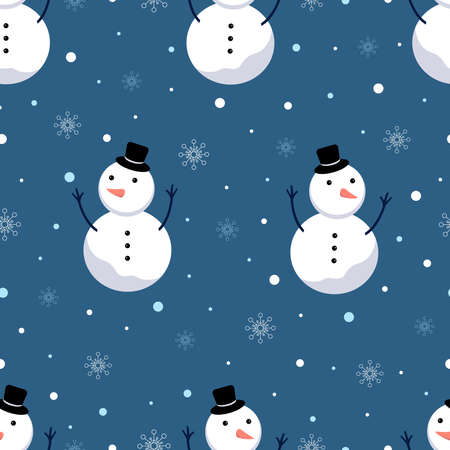 Seamless pattern vector Winter background with snowmen and snowflakes Hand drawn design in cartoon style, use for fabric, fashion, textiles.のイラスト素材
