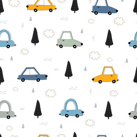 Seamless pattern Vehicle background with vintage cars and trees and clouds Hand drawn design in cartoon style Used for pattern fabrics, textiles, vector illustrations.のイラスト素材