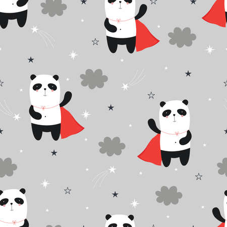 Panda Hero Seamless Pattern Hand drawn cartoon animal background in childrens style Vector design used for fabric, textile, fashion, publicationsのイラスト素材