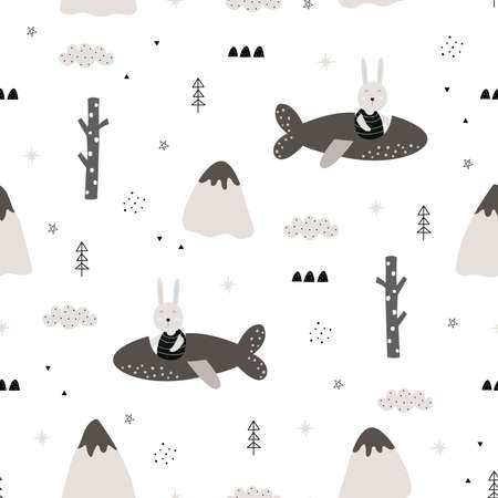 Vector pattern Seamless cartoon background with a rabbit driving a plane. Lovely design, hand drawn, used for print, fabric pattern, textile.のイラスト素材