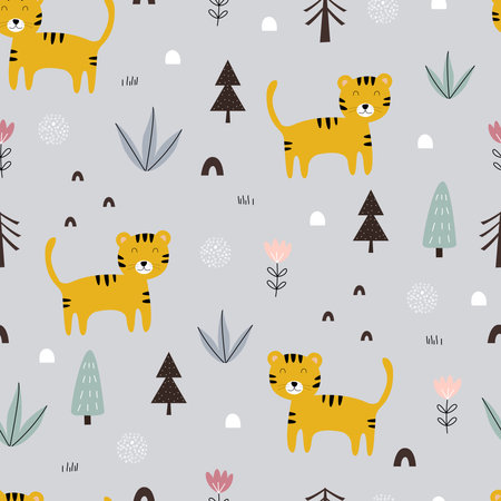 Seamless pattern Cartoon animal background with tigers and trees Hand drawn designs in children style used for print, wallpaper, fabric, textile fashion, vector illustrationのイラスト素材