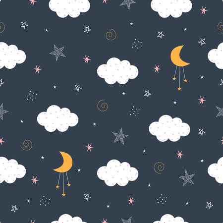 Seamless pattern Night sky with crescent moon and white clouds Hand drawn design in cartoon style, use for print, gift wrapping paper, textiles. Vector illustrationのイラスト素材