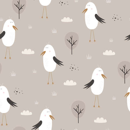 Vector pattern Seamless background with seagulls and trees Hand drawn design in cartoon style for print, fabric, textile.のイラスト素材
