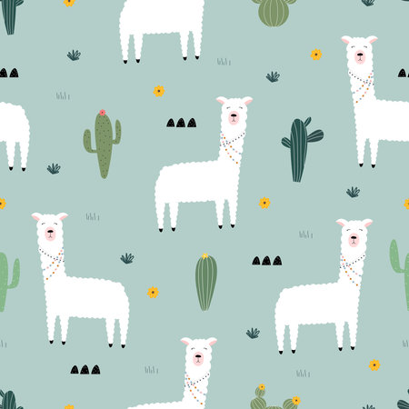 Seamless pattern with lama with cactus Cute cartoon background hand drawn in childrens style For fabrics, textiles, wallpapersのイラスト素材