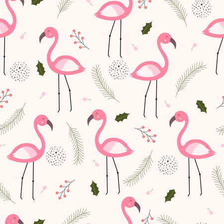 Seamless pattern Flamingo and leaves Hand drawn cartoon animal background in childrens style Designs used for printing wallpaper, fabric, textiles. Vector illustrationのイラスト素材