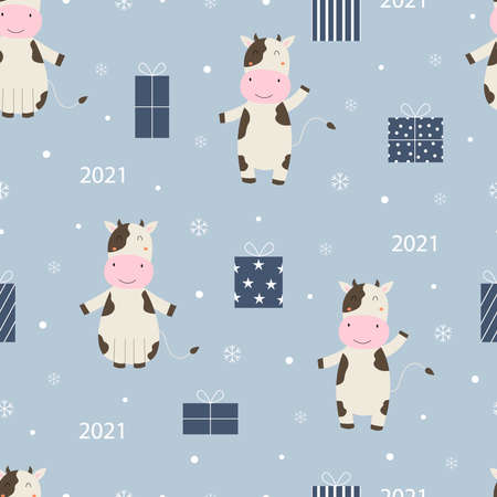 Seamless pattern Cartoon animal background with cow and gift box Hand drawn design in children's style, use for print, new year celebration wallpaper, fabric, textile. Vector illustrationのイラスト素材