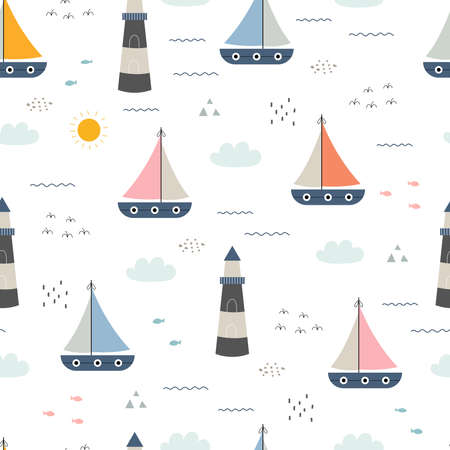 Seamless pattern Christmas background has Santa claus with gifts and Christmas tree Hand drawn design in cartoon style, use for print, celebration wallpaper, fabric, textile. Vector illustrationのイラスト素材