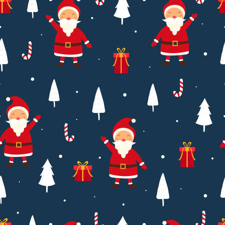 Seamless pattern Christmas background has Santa Claus with gift box and Christmas tree Hand drawn design in cartoon style, use for print, celebration wallpaper, fabric, textile. Vector illustrationのイラスト素材