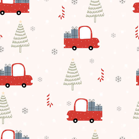 Seamless pattern Christmas background with the red car with gifts and a Christmas tree. Hand drawn design in cartoon style, use for print, celebration wallpaper, fabric, textiles. Vector illustrationのイラスト素材