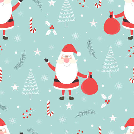 Seamless pattern Christmas background has santa claus with gifts and Christmas tree Hand drawn design in cartoon style, use for print, celebration wallpaper, fabric, textile. Vector illustrationのイラスト素材
