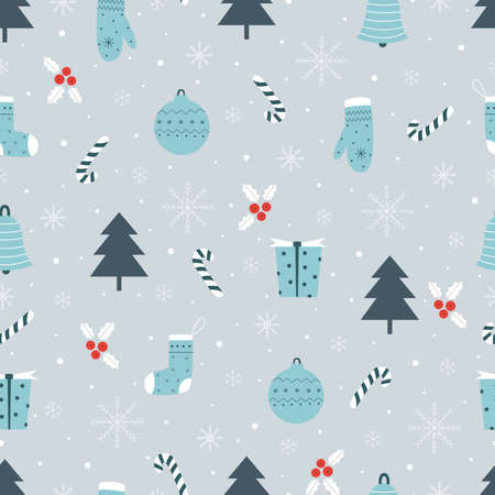 Seamless pattern Christmas background with gifts and Christmas tree Hand drawn design in cartoon style, use for print, celebration wallpaper, fabric, textiles. Vector illustrationのイラスト素材
