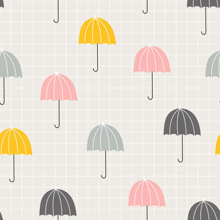 Seamless pattern Colorful umbrella on a background of gray rectangular grid pattern. Hand drawn design in cartoon style, use for print, wallpaper, fabric, textiles. Vector illustrationのイラスト素材