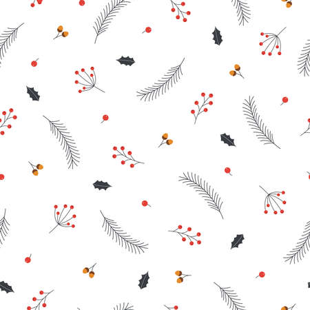 Seamless pattern Christmas background With Christmas tree branches and berries Hand drawn design in cartoon style used for print, celebration wallpaper, vector illustration.のイラスト素材
