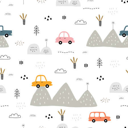 Seamless pattern A car with a mountain on a white background Hand drawn design in cartoon style, use for print, wallpaper, fabric, textile. Vector illustrationのイラスト素材