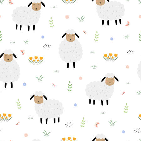 Seamless pattern Cartoon animal background with sheep on flower field Hand drawn design in childrens style used for pattern fabric, textile, wallpaper. Vector illustrationのイラスト素材