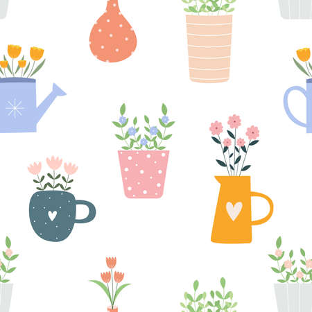 Seamless pattern A vase with a flower pot on a white background Hand drawn design in cartoon style, use for print, wallpaper, home decoration. Vector illustrationのイラスト素材