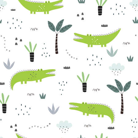 Seamless pattern Cartoon background with crocodile and trees Hand drawn design in kid style, use for print, wallpaper, fabric, textile. Vector illustrationのイラスト素材