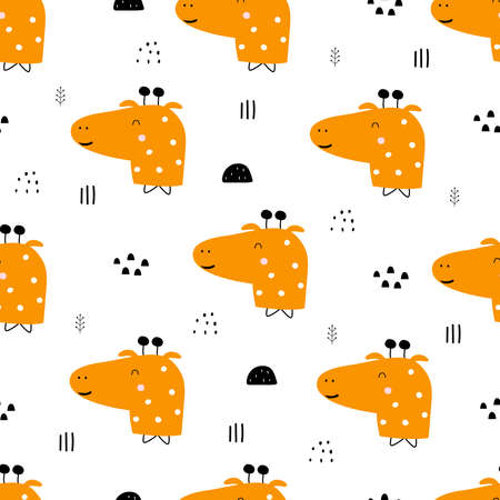 Giraffe head seamless pattern Cute animal cartoon backgrounds hand drawn in childrens style used for print, wallpaper, fabric pattern, textile. Vector illustrationのイラスト素材