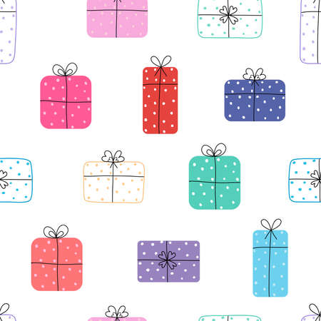 Seamless Christmas Background Vector Pattern With Gift Box Hand drawn design in cartoon style used for Print, illustration, wallpaper, fabric, fashion textileのイラスト素材