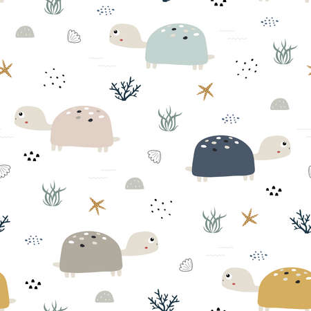 Turtle seamless pattern Cute cartoon animal background Hand drawn design in kid style, use for fabric, textile, print, wallpaper. Vector illustrationのイラスト素材