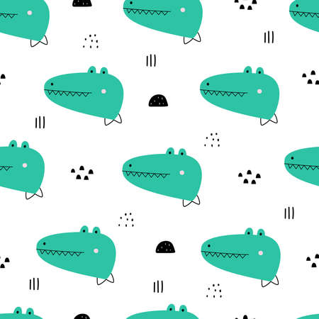 The seamless pattern has a crocodile face with black dots. Cute animal cartoon backgrounds hand drawn in childrens style used for print, wallpaper, fabric pattern, textile. Vector illustrationのイラスト素材