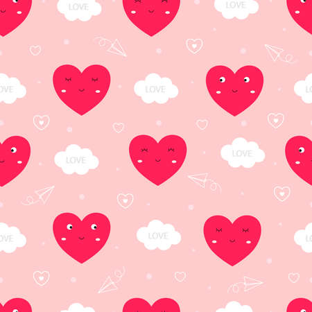 Seamless pattern Valentine's day background with hearts and clouds Cute design, cartoon style, use for printing, wallpaper, decoration, textile fabric. Vector illustrationのイラスト素材