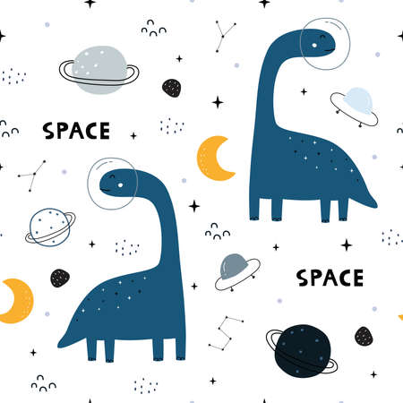 Dinosaur and stars seamless pattern Cute animal cartoon background hand-drawn in children's style The design used for Print, wallpaper, decoration, fabric, textile Vector illustrationのイラスト素材