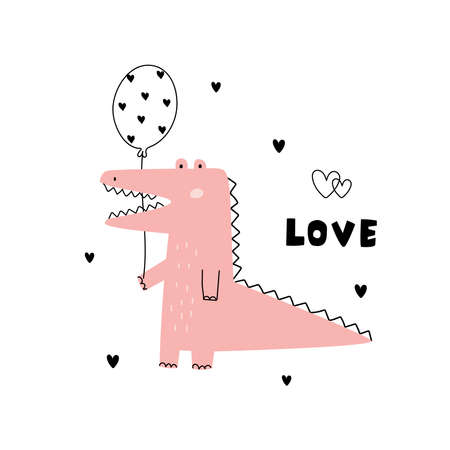 A pink crocodile holding a white balloon with a heart pattern Cartoon background for valentines day Vector illustrationのイラスト素材