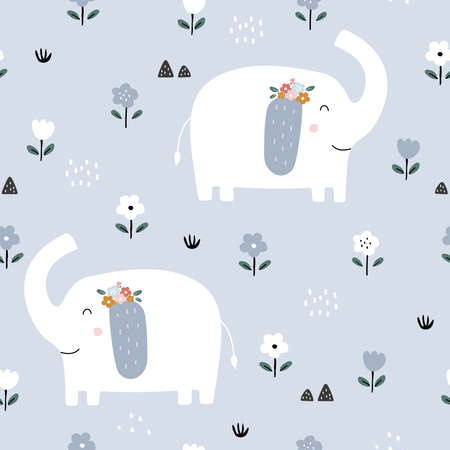 The little elephant in flower garden seamless pattern cute animal cartoon background Hand drawn design in kid style, use for print, wallpaper, decoration, textile. Vector illustrationのイラスト素材
