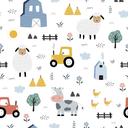 Farm seamless pattern Cute landscape background with sheep and cows Hand drawn design in cartoon style, use for print, wallpaper, kids clothes, fashion. Vector illustrationのイラスト素材