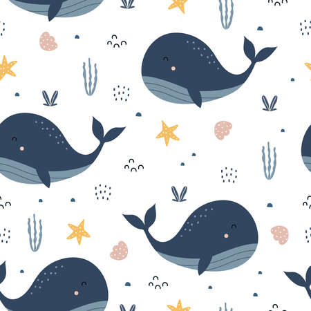 Blue whale with coral in the sea Cute cartoon background seamless pattern The design used for Textile, Clothing Pattern, Print, Wallpaper, Vector Illustration.のイラスト素材