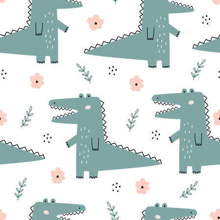 Seamless pattern Cute cartoon background with a crocodile with flowers Hand drawn design in kid-style use for print, wallpaper, fabric, textile vector illustrationのイラスト素材