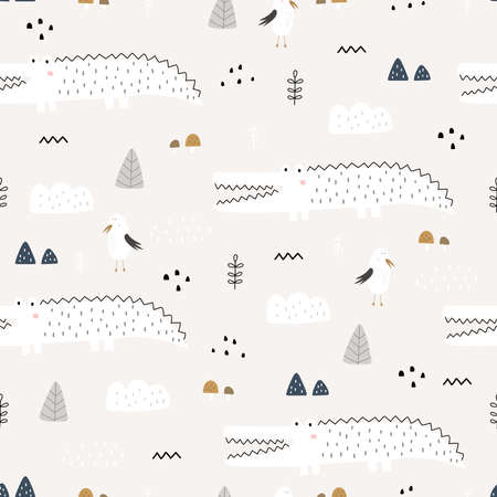 Seamless pattern Animal cartoon background with crocodile and white bird Hand drawn design in childrens style, use for print, decoration wallpaper, fabric, textile. Vector illustrationのイラスト素材