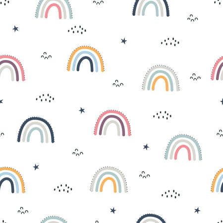 Cute seamless pattern for kids children Sky background with rainbow and stars Scandinavian style hand-drawn design used for pattern fabric, textile, wallpaper. Vector illustrationのイラスト素材