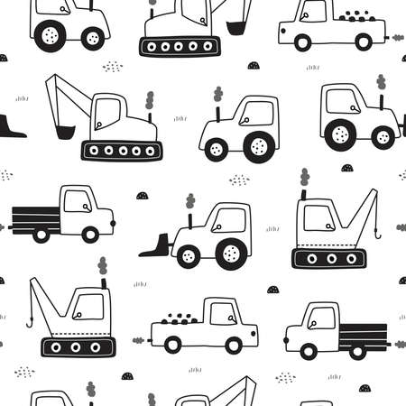 Hand-drawn construction machinery car Seamless vector pattern with tractors Cute design in child style on white background use for print, wallpaper, fabric, fashion textiles.のイラスト素材