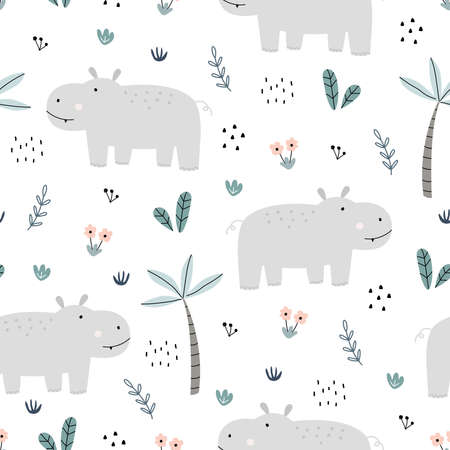 Seamless pattern Cartoon animal background has hippo with trees and flowers Simple design, hand-drawn in children's style, used for Print, wallpapers, decoration, textiles Vector illustrationのイラスト素材