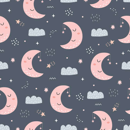 Seamless pattern night sky with crescent moon and clouds Hand drawn design in cartoon style, use for print, decoration wallpaper, gift wrap, textiles. Vector illustrationのイラスト素材