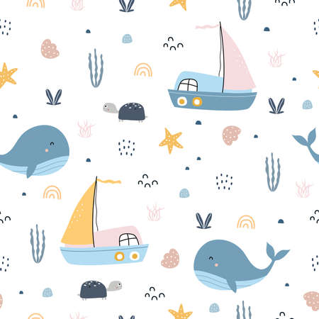 Marine seamless pattern with sailboat and whale Hand drawn design in cartoon style used for print Wallpaper, decoration, clothing pattern, textile Vector illustration.のイラスト素材