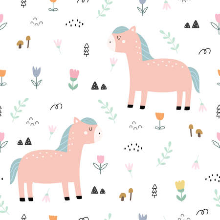 Seamless pattern Horse and flower background Hand drawn design in cartoon style, use for print, fabric pattern, textile, decoration wallpaper Vector illustrationのイラスト素材