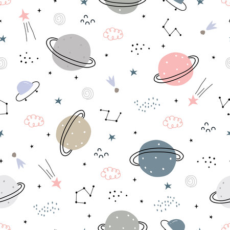 Space background illustration with stars and UFO Seamless vector pattern hand-drawn in cartoon style used for print, wallpaper, decoration, fabric, textile.のイラスト素材