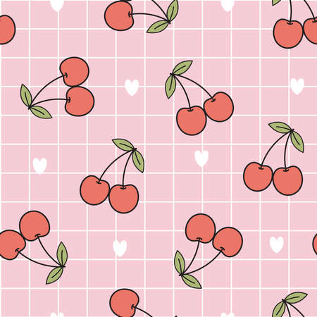 Seamless pattern red ripe cherry with square grid background hand drawn design in cartoon style. use for textile, fabric, publication, gift wrapping, vector illustrationのイラスト素材