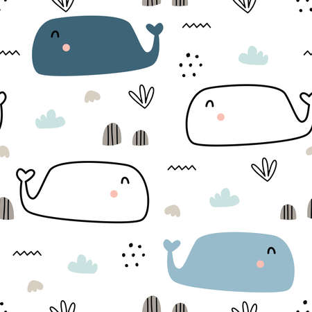 seamless pattern of blue whale Cute Animal Cartoon Backgrounds For Print, Wallpapers, Clothing, Textiles, Vector Illustrationsのイラスト素材