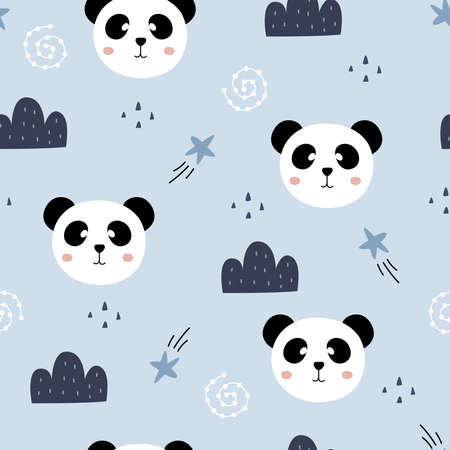 Seamless pattern Cartoon animal background with panda face with sky Hand drawn design in kid style, use for fabric, textile, print, decoration wallpaper. Vector illustrationのイラスト素材