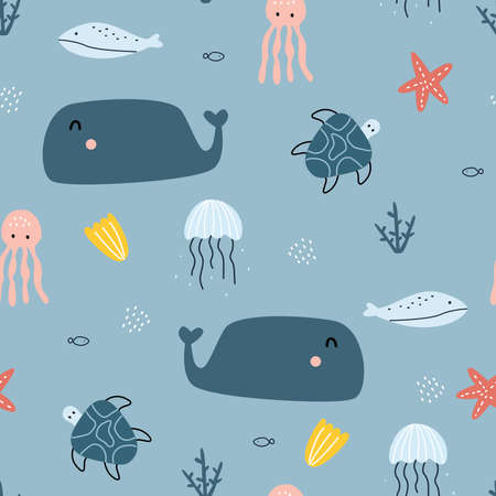 Blue whale seamless pattern with marine life Cute Animal Cartoon Backgrounds For Prints, Wallpapers, Garments, Textiles, Vector Illustrationのイラスト素材
